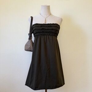 2010s Y2K Strapless Ruffle Smocked Tube Dress Olive Green Small Boho Babydoll